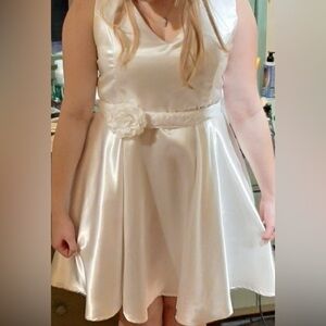 Short White Satin Reception Wedding Dress With Lace Waist Band with Flower Clip